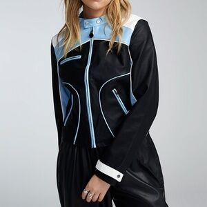 Daisy Street black blue and white faux leather colour block biker jacket NWT